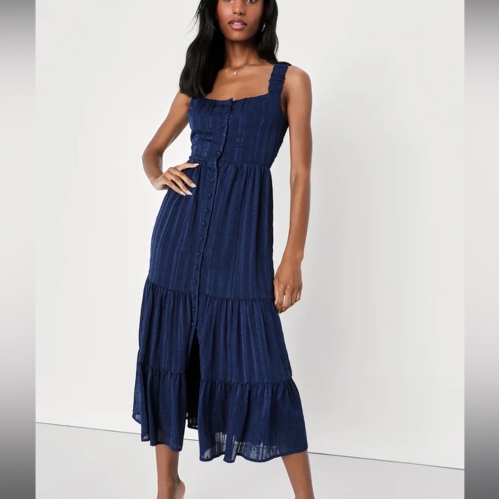 NWT Lulu’s Navy Blue Burnout Striped Lurex Midi Dress
